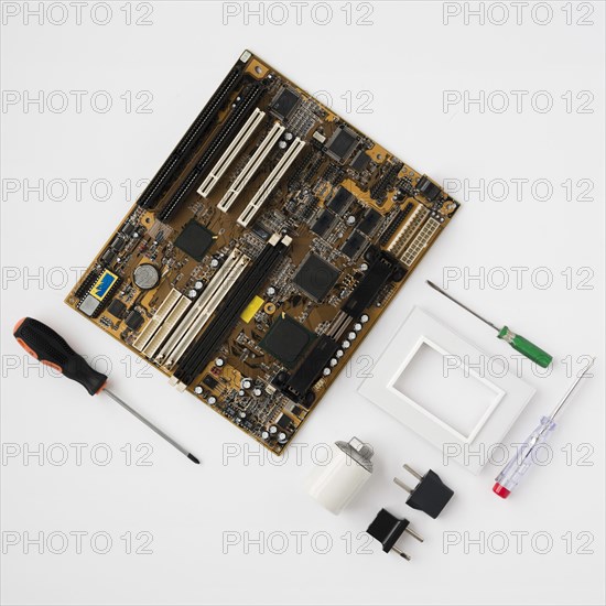 Top view circuit board electrical equipment white surface