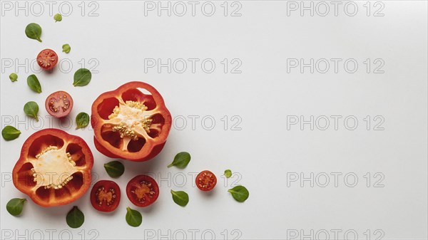 Top view bell pepper with tomatoes copy space