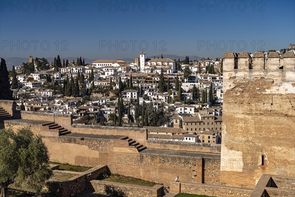 View from the castle complex of the Alhambra to the former Moorish residential quarter Albaicin in Granada
