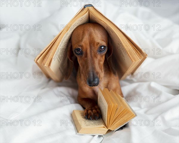 Cute dog with books bed