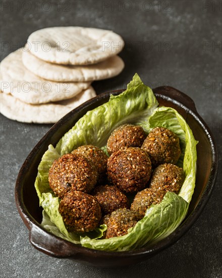 High angle falafel pita bread arrangement