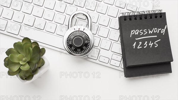 Top view lock keyboard with plant notebook