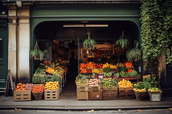 A rustic fruit and vegetable shop with various crates of fruit and vegetables in front of the door