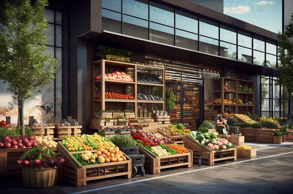 A modern fruit shop with various boxes of fruit and vegetables in front of the door