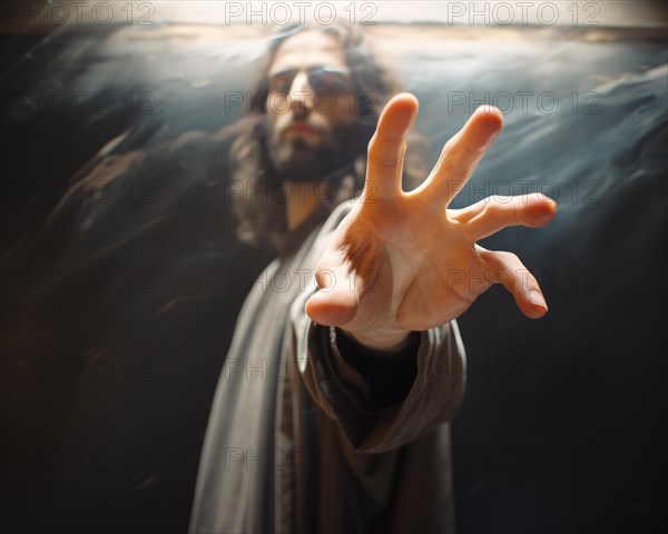 A person in a Jesus look stretches out his hand threateningly