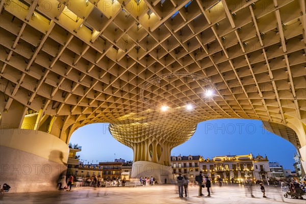 The futuristic wooden construction and observation deck Metropol Parasol at the Plaza de la Encarnacion at dusk