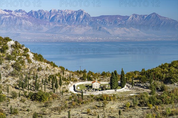 View of a chapel and cemetery at Lake Scutari