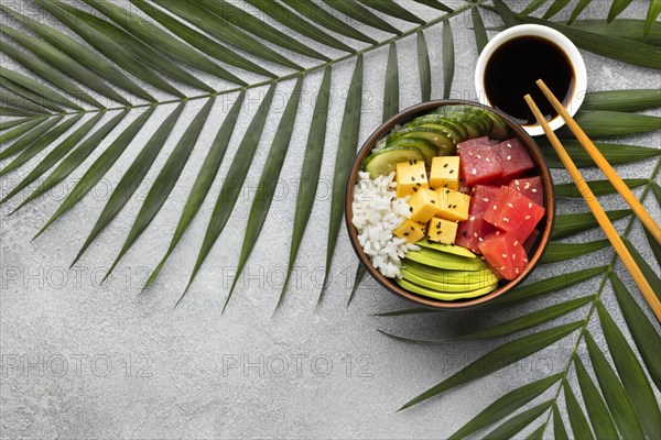 Flat lay arrangement delicious poke bowl