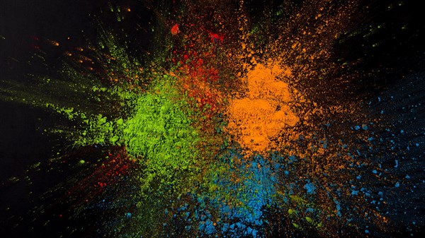 Splatted green blue orange color black background