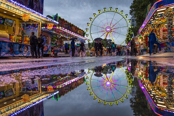 The colourful lights of the Mainfest are reflected in a puddle. The Mainfest on the Mainkai