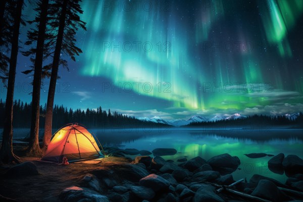 Yellow tent lit from inside in vast Canadian wilderness by a lake