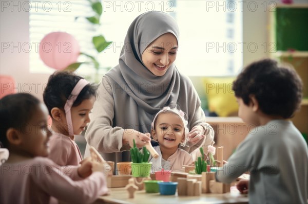 Children playing happily in kindergarten