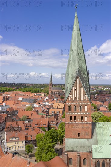 View of the old town of Lueneburg and the bell tower of St John's Church from the historic water tower