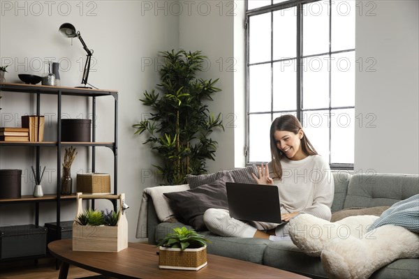 Front view beautiful woman doing indoor activity