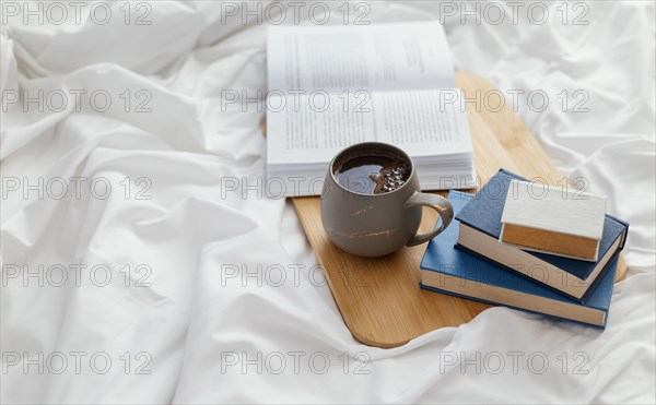 Arrangement with books high angle