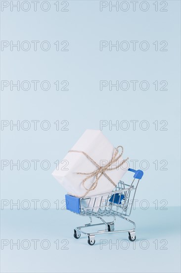 White package shopping cart blue background