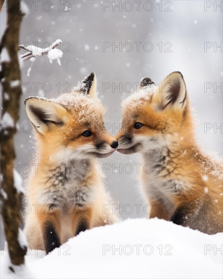 Two Arctic fox cubs with soft fur cuddle up to each other in Arctic winter landscape during snowfall
