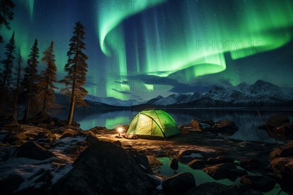 Yellow tent lit from inside in vast Canadian wilderness by a lake