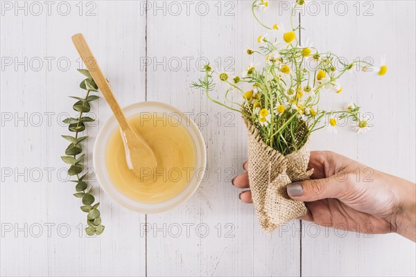 Woman s hand holding bunch chamomile flowers near bowl lemon curd
