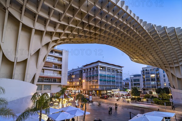 The futuristic wooden construction and observation deck Metropol Parasol at the Plaza de la Encarnacion at dusk