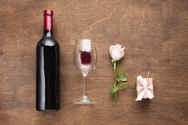 Flat lay romantic arrangement with wine