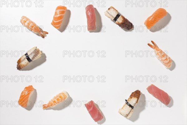 Top view selection tasty sushi with copy space