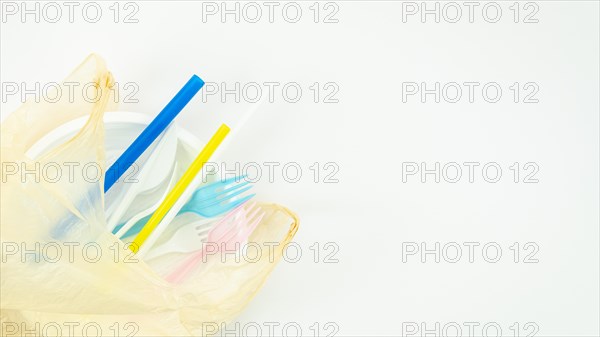 Various colorful plastic disposable tableware