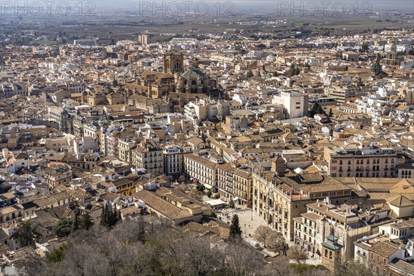 View of the old town with the Plaza Nueva square and cathedral in Granada