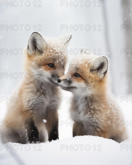 Two Arctic fox cubs with soft fur cuddle up to each other in Arctic winter landscape during snowfall