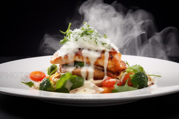 Plate of nicely decorated grilled chicken fillet with vegetables Chicken