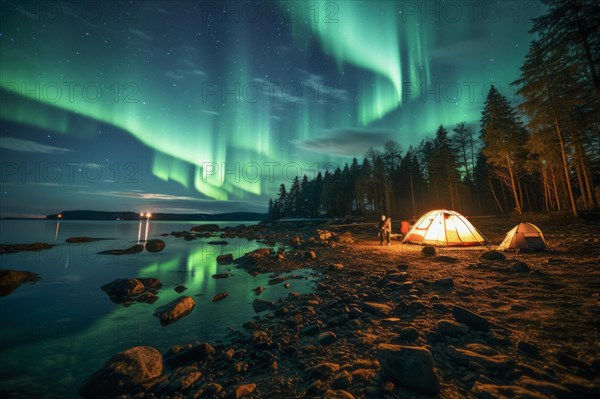 Two tents lit from the inside in the vast Canadian wilderness by a lake