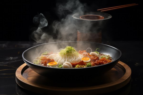 Steaming ramen soup bowl