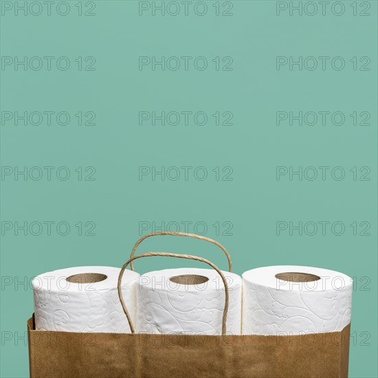 Front view three toilet paper rolls paper bag