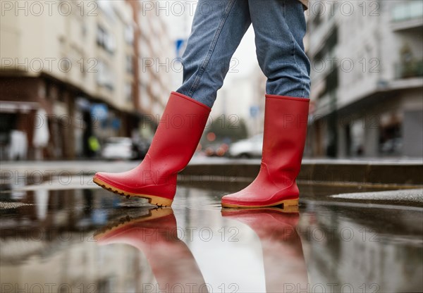 Red rain boots street