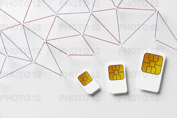 Top view three sim cards with internet communication network