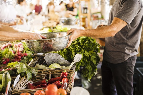 Seller hand holding stainless steel container while customer buying vegetable market