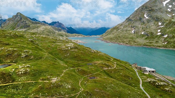 Aerial view Bird's eye view of mountain lake at mountain pass Alpine pass alpine mountain road Alpine road pass road Bernina Pass Bernina Pass