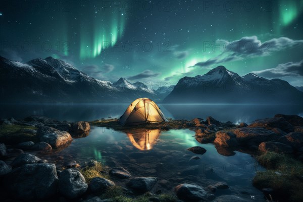 Yellow tent lit from inside in vast Canadian wilderness by a lake