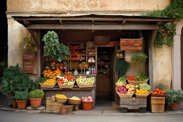 A rustic fruit and vegetable shop with various crates of fruit and vegetables in front of the door