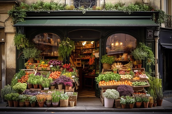 A rustic fruit and vegetable shop with various crates of fruit and vegetables in front of the door