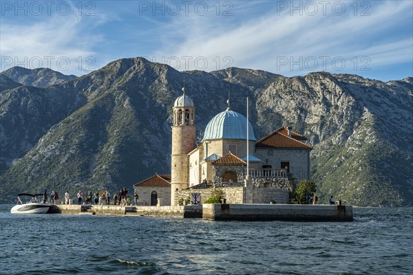 The artificial island of Gospa od Skrpjela with the church of St Mary on the rock near Perast on the Bay of Kotor