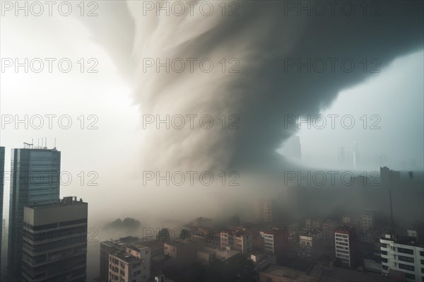 A devastating tornado rages over a major city