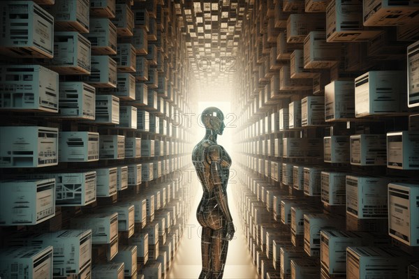 An AI robot works in a gigantic computer archive