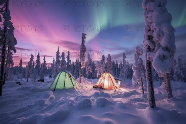 Two tents lit from inside in wide arctic wilderness in winter