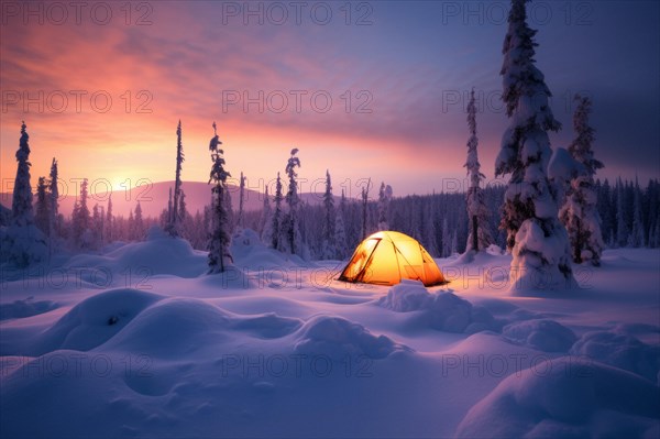 A tent lit from the inside in a vast arctic wilderness in winter