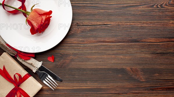 Lovely arrangement valentines day dinner wooden background with copy space