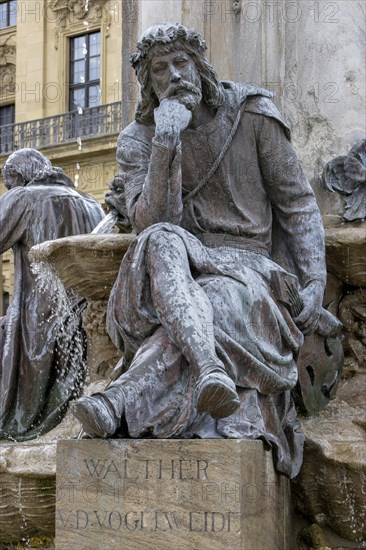 Walther von der Vogelweide sculpture on the Frankoniabrunnen on the Ehrenhof side