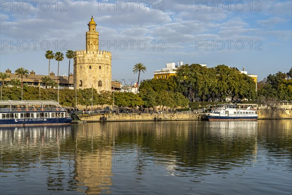 On the banks of the Guadalquivir river with the historic Torre del Oro tower in Seville