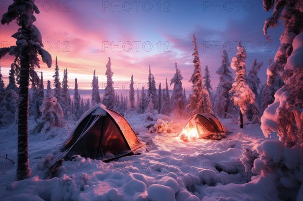 Two tents One tent lit from outside in vast arctic wilderness in winter