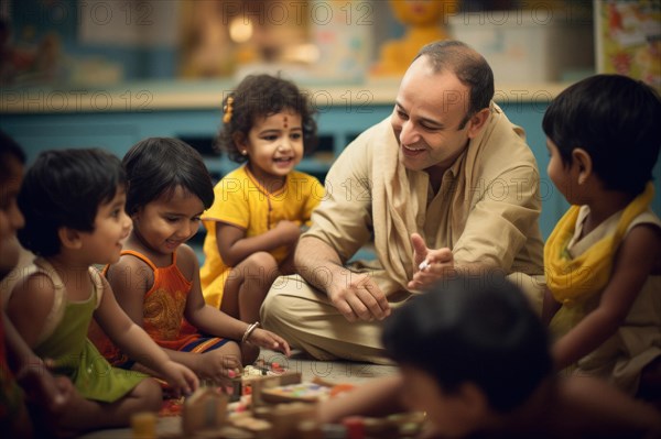 Happy playing Indian children in the kindergarten With kindergarten uncle